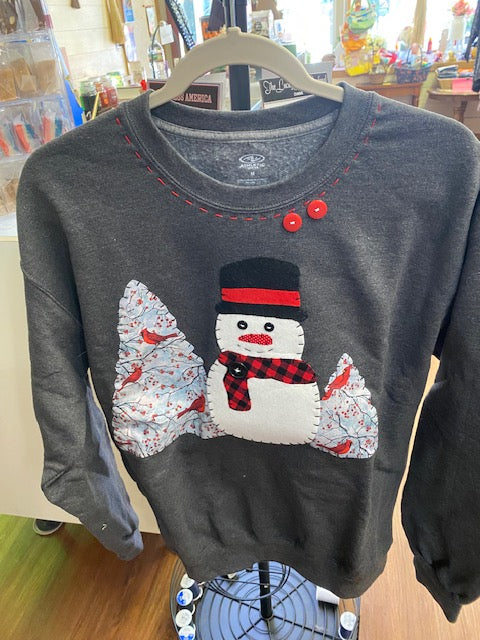 Snowman with Cardinals  Ozark Hand Stitched Sweatshirt
