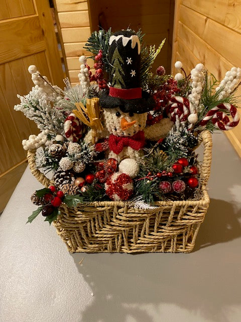 Crocheted Snowman in Winter Basket