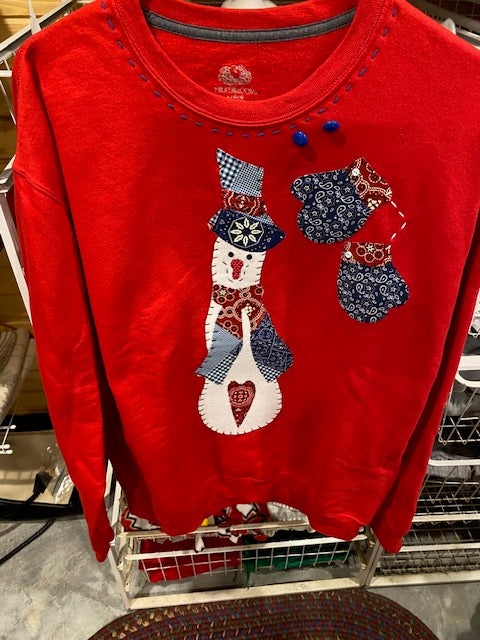 Skinny Snowman and Mittens  Ozark Hand Stitched Sweatshirt