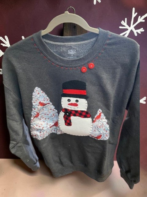 Snowman with Cardinals  Ozark Hand Stitched Sweatshirt