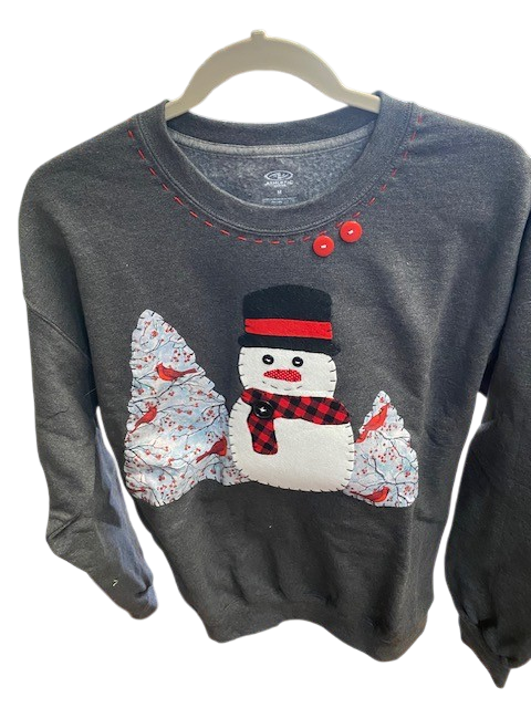 Snowman with Cardinals  Ozark Hand Stitched Sweatshirt